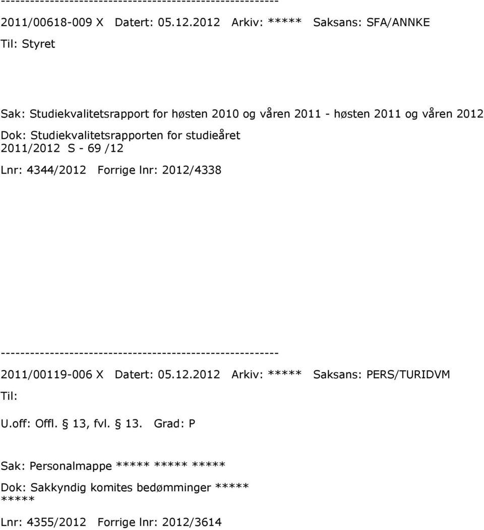 våren 2012 Dok: Studiekvalitetsrapporten for studieåret 2011/2012 S - 69 /12 Lnr: 4344/2012 Forrige lnr: 2012/4338