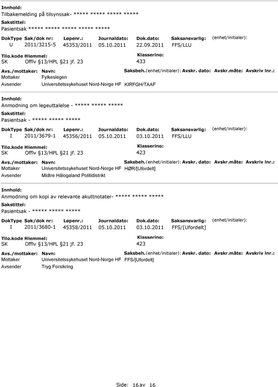 2011 FFS/LL Avs./mottaker: Navn: Saksbeh. Avskr. dato: Avskr.måte: Avskriv lnr.