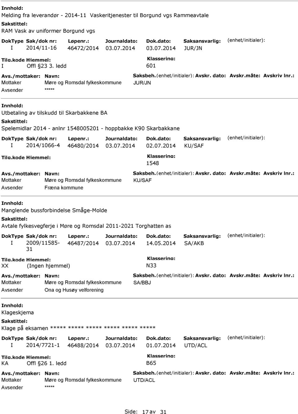 : Mottaker Møre og Romsdal fylkeskommune JR/JN tbetaling av tilskudd til Skarbakkene BA Spelemidlar 2014 - anlnr 1548005201 - hoppbakke K90 Skarbakkane 2014/1066-4 46480/2014 K/SAF 1548 Avs.