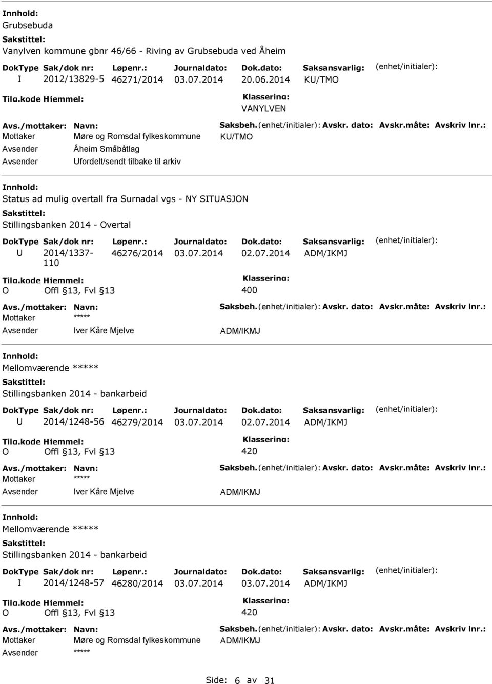 2014/1337-110 Løpenr.: 46276/2014 ADM/KMJ O 400 Avs./mottaker: Navn: Saksbeh. Avskr. dato: Avskr.måte: Avskriv lnr.