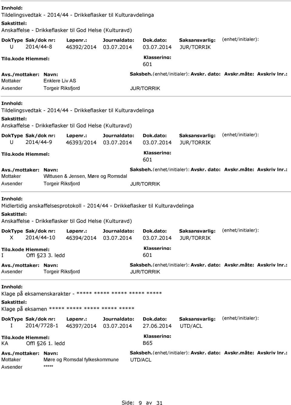 : Mottaker Enklere Liv AS Torgeir Riksfjord JR/TORRK Tildelingsvedtak - 2014/44 - Drikkeflasker til Kulturavdelinga Anskaffelse - Drikkeflasker til God Helse (Kulturavd) 2014/44-9 46393/2014 JR/TORRK