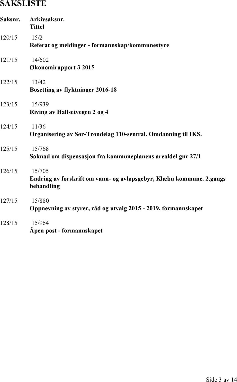 123/15 15/939 Riving av Hallsetvegen 2 og 4 124/15 11/36 Organisering av Sør-Trøndelag 110-sentral. Omdanning til IKS.