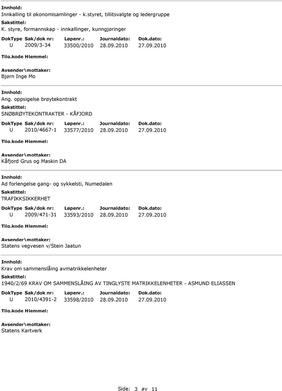 oppsigelse brøytekontrakt SNØBRØYTKONTRAKTR - KÅFJORD 2010/4667-1 33577/2010 Kåfjord Grus og Maskin DA Ad forlengelse gang- og