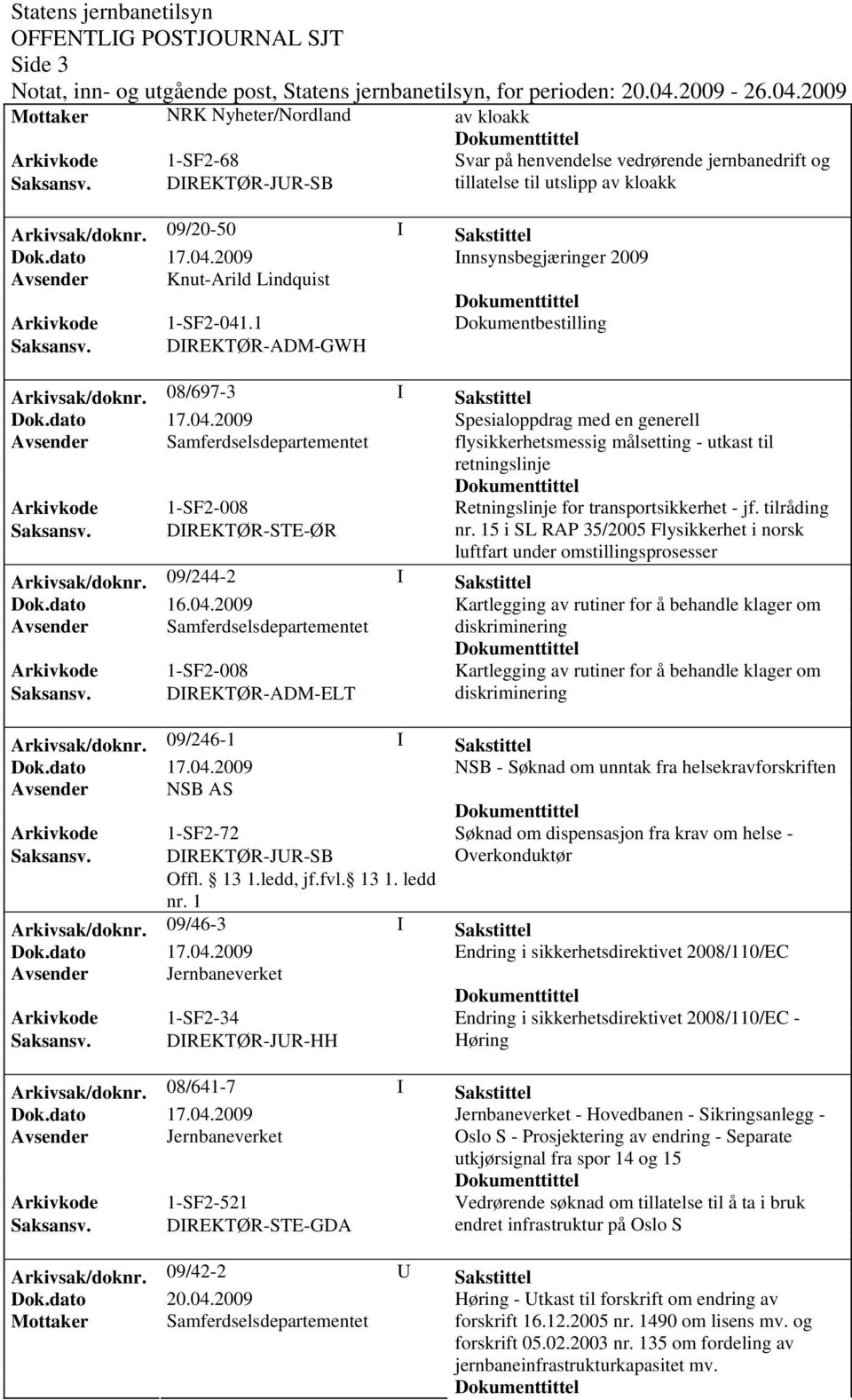 08/697-3 I Sakstittel Spesialoppdrag med en generell Avsender Samferdselsdepartementet flysikkerhetsmessig målsetting - utkast til retningslinje Retningslinje for transportsikkerhet - jf.