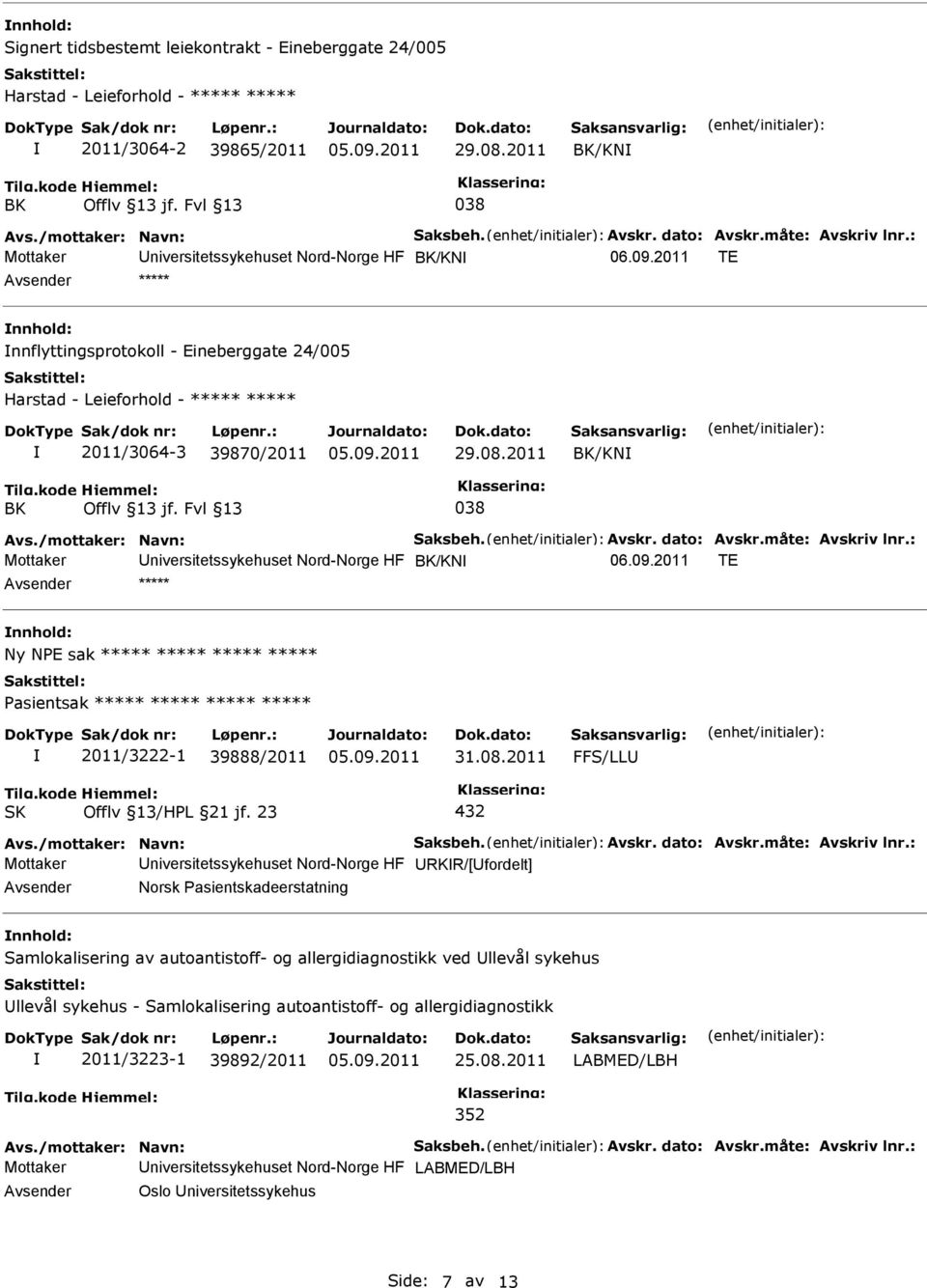 måte: Avskriv lnr.: Mottaker /KN ***** Ny NE sak ***** ***** ***** ***** asientsak ***** ***** ***** ***** 2011/3222-1 39888/2011 31.08.2011 FFS/LL Avs./mottaker: Navn: Saksbeh. Avskr. dato: Avskr.