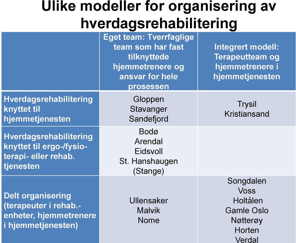 - enheter, hjemmetrenere i hjemmetjenesten) Eget team: Tverrfaglige team som har fast tilknyttede hjemmetrenere og ansvar for hele prosessen Gloppen