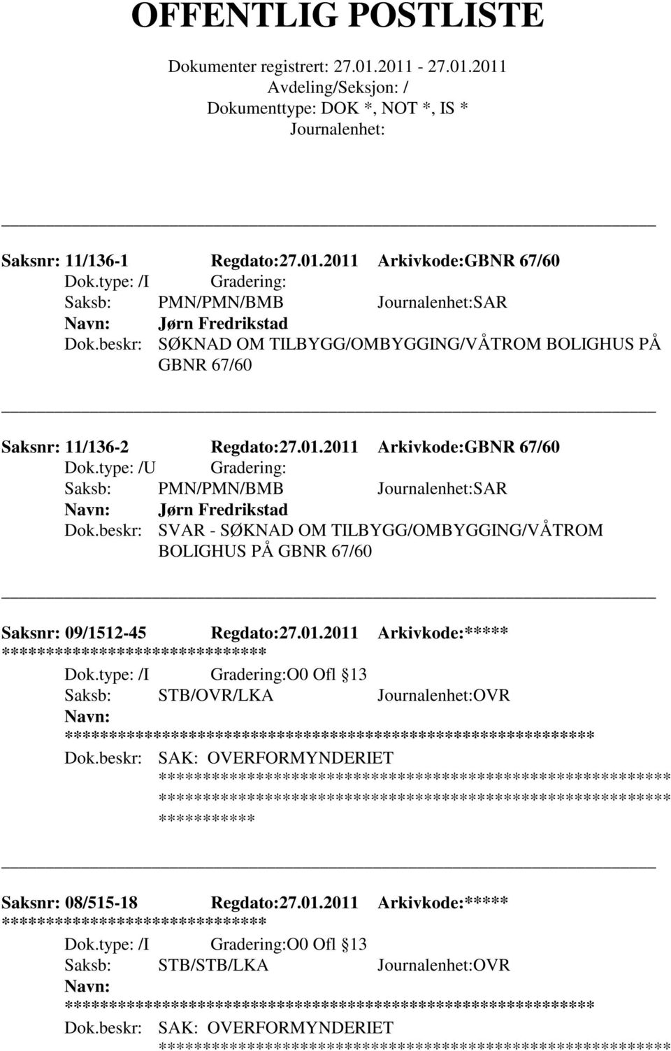 2011 Arkivkode:GBNR 67/60 Saksb: PMN/PMN/BMB SAR Jørn Fredrikstad Dok.