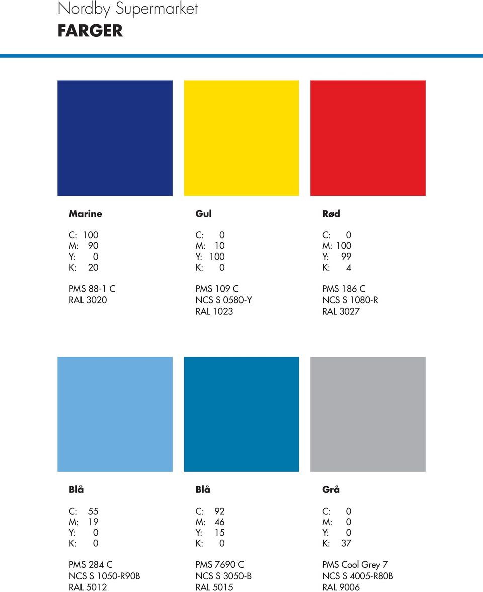 Blå C: 55 M: 19 Y: 0 K: 0 PMS 284 C NCS S 1050-RB RAL 5012 Blå C: 92 M: 46 Y: 15 K: 0