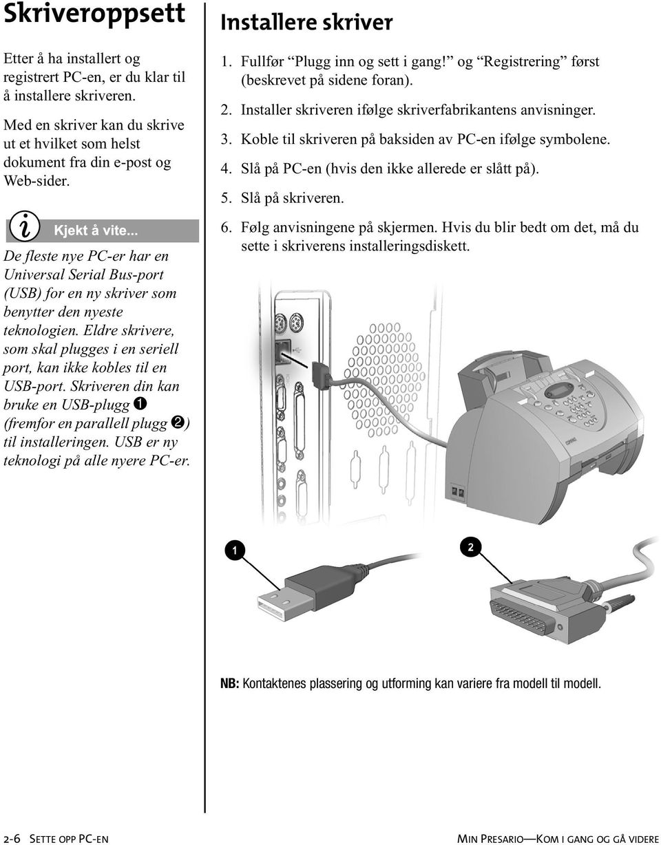 Skriveren din kan bruke en USB-plugg 1 (fremfor en parallell plugg 2) til installeringen. USB er ny teknologi på alle nyere PC-er. Skriveroppsett Installere skriver 1.