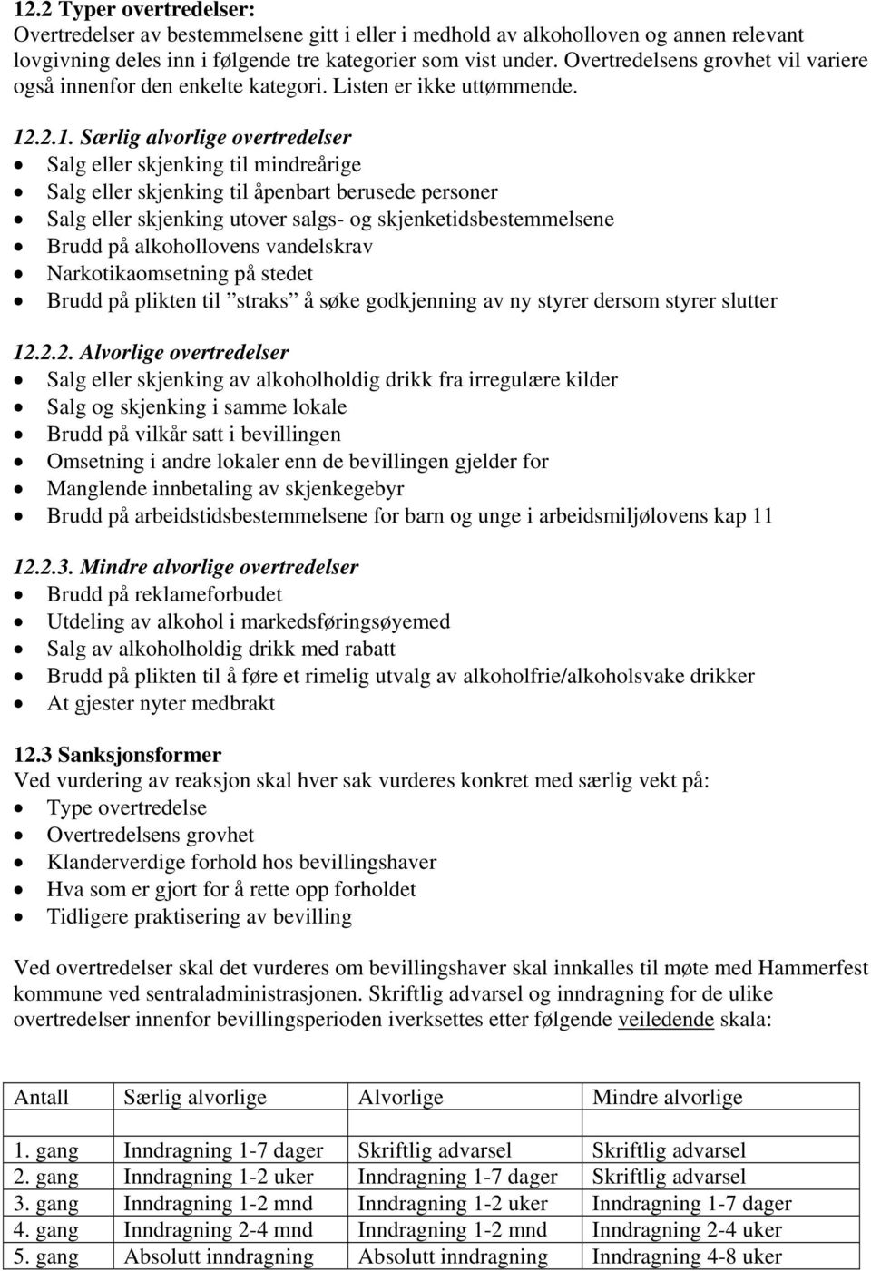 .2.1. Særlig alvorlige overtredelser Salg eller skjenking til mindreårige Salg eller skjenking til åpenbart berusede personer Salg eller skjenking utover salgs- og skjenketidsbestemmelsene Brudd på