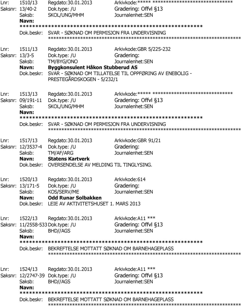 beskr: SVAR - SØKNAD OM TILLATELSE TIL OPPFØRING AV ENEBOLIG - PRESTEGÅRDSKOGEN - 5/232/1 ************** Lnr: 1513/13 Regdato:30.01.