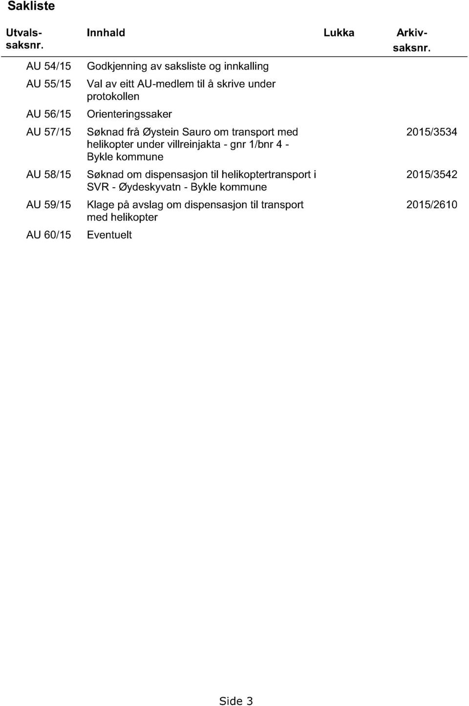 Sauro om transport med helikopter under villreinjakta - gnr 1/bnr 4 - Bykle kommune Søknad om dispensasjon til helikoptertransport