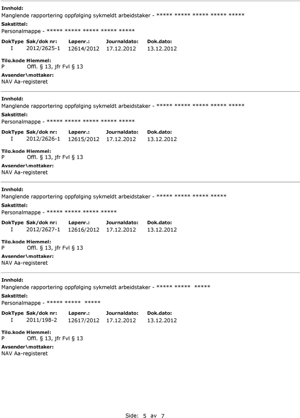 nnhold: Manglende rapportering oppfølging sykmeldt arbeidstaker - ersonalmappe - 2012/2627-1 12616/2012