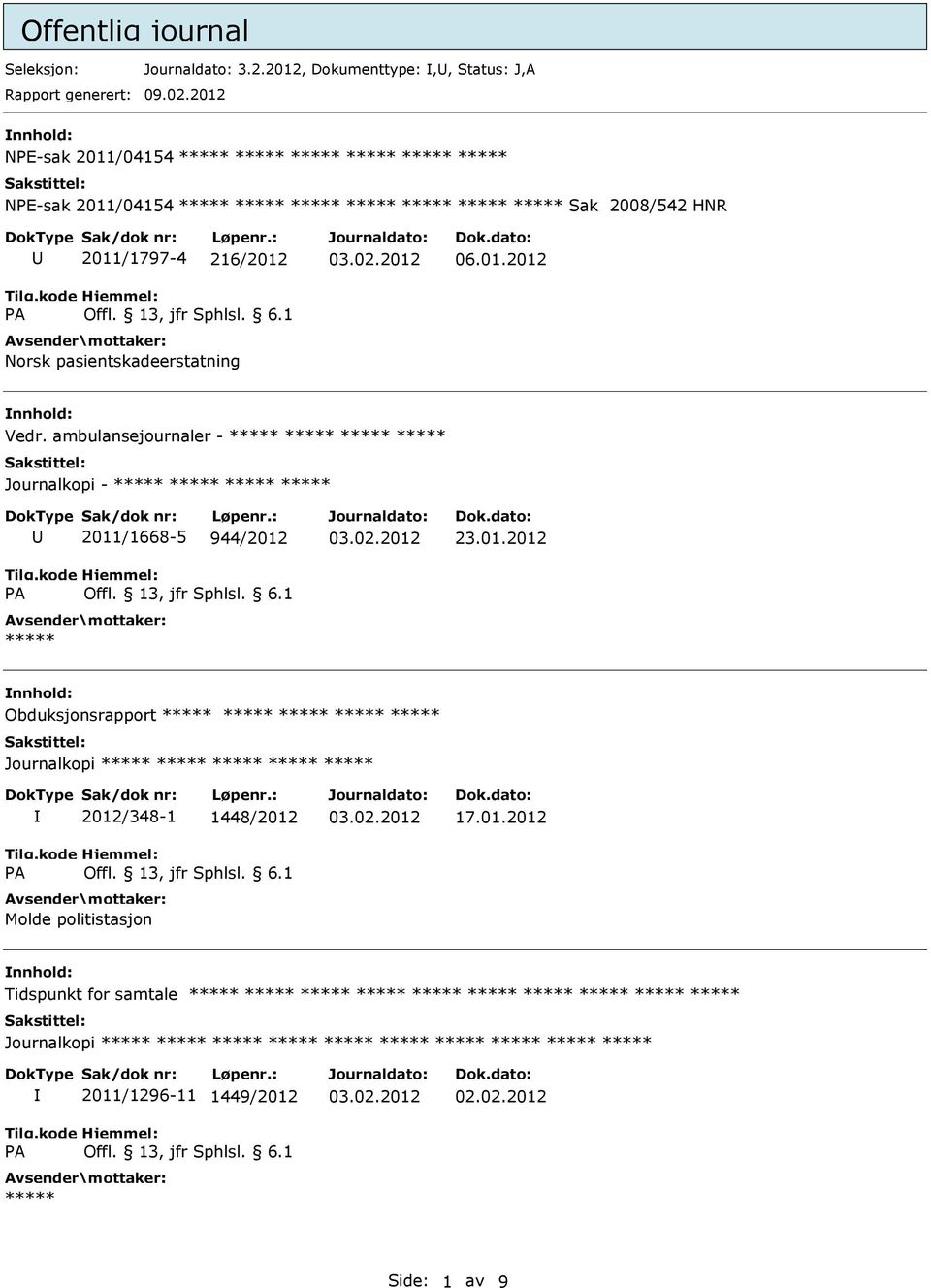 06.01.2012 nnhold: Vedr. ambulansejournaler - A 2011/1668-5 944/2012 23.01.2012 nnhold: Obduksjonsrapport Journalkopi A 2012/348-1 1448/2012 Molde politistasjon 17.