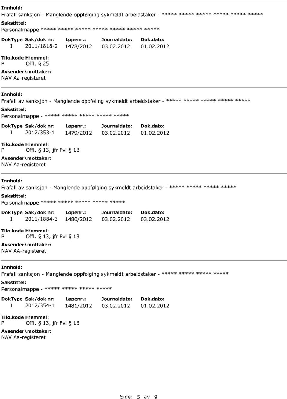 nnhold: Frafall av sanksjon - Manglende oppfølging sykmeldt arbeidstaker - ersonalmappe 2011/1884-3 1480/2012 NAV