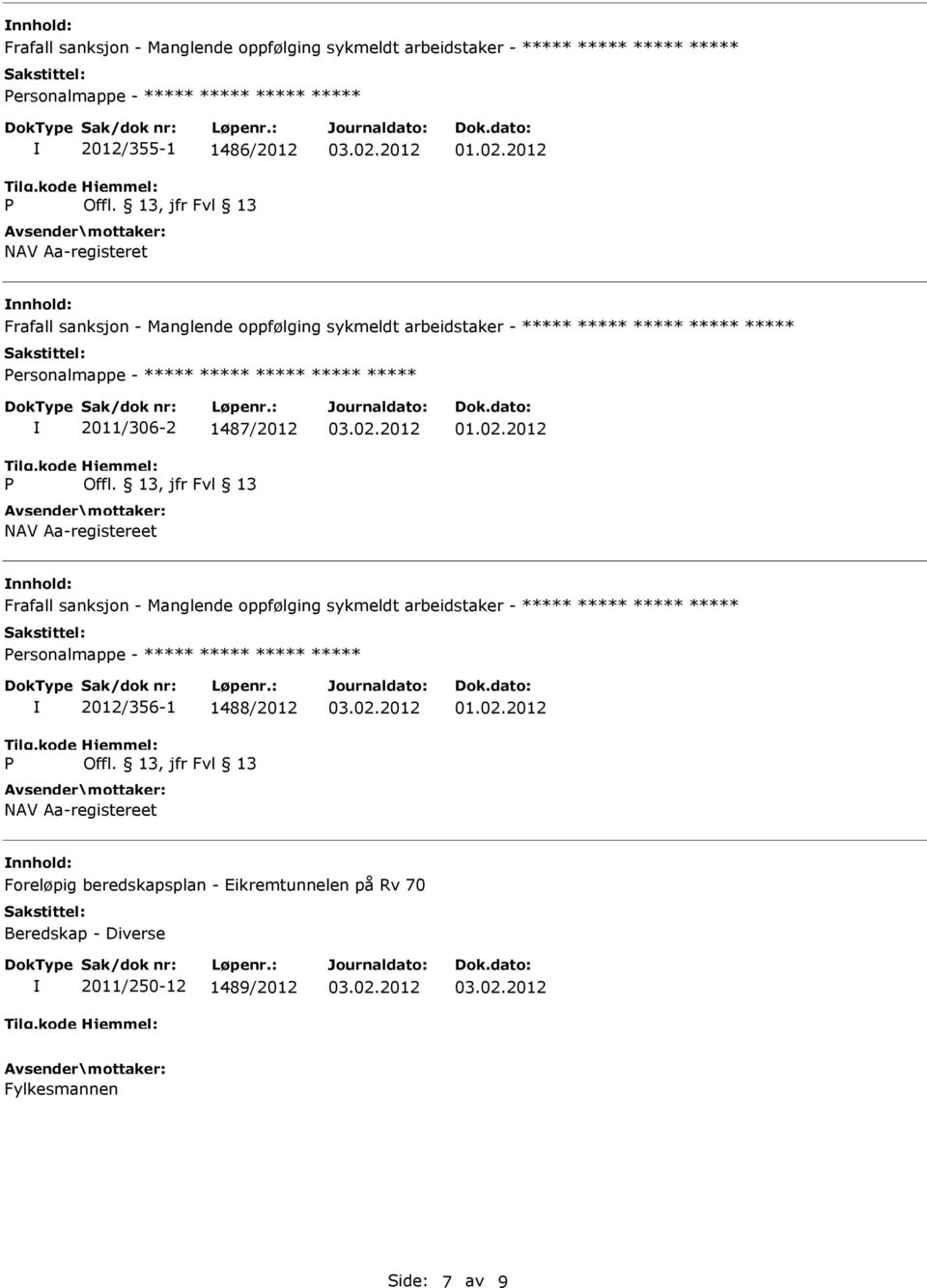 nnhold: Frafall sanksjon - Manglende oppfølging sykmeldt arbeidstaker - ersonalmappe - 2012/356-1 1488/2012 NAV