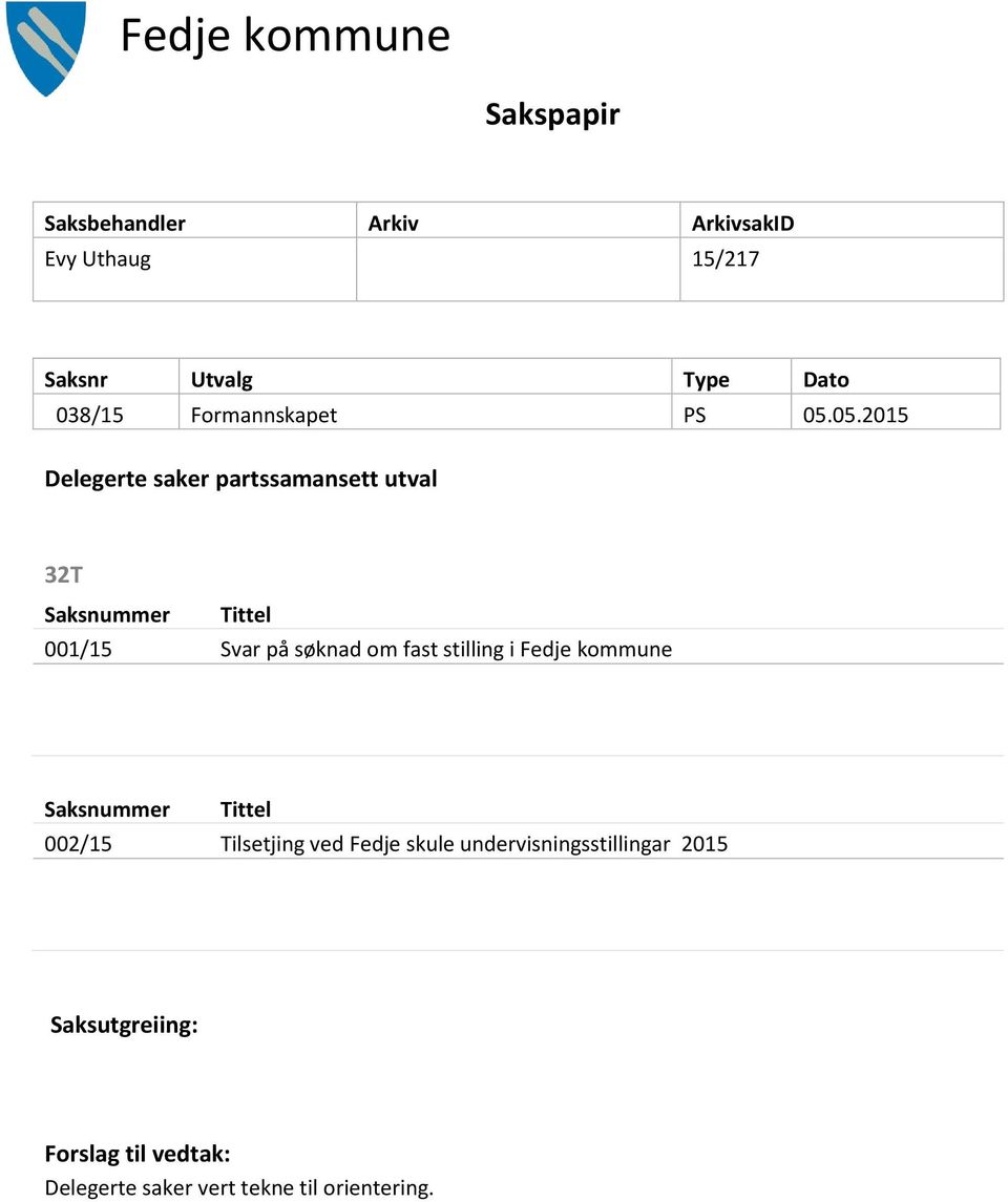 05.2015 Delegerte saker partssamansett utval 32T Saksnummer Tittel 001/15 Svar på søknad om fast