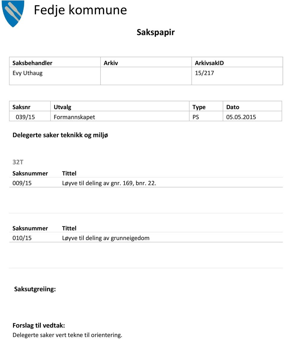 05.2015 Delegerte saker teknikk og miljø 32T Saksnummer Tittel 009/15 Løyve til deling av