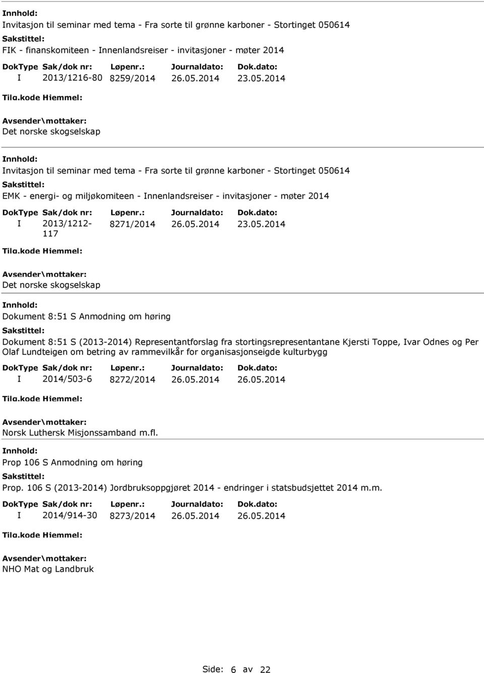 : 8271/2014 Det norske skogselskap Dokument 8:51 S Anmodning om høring Dokument 8:51 S (2013-2014) Representantforslag fra stortingsrepresentantane Kjersti Toppe, var Odnes og Per Olaf Lundteigen