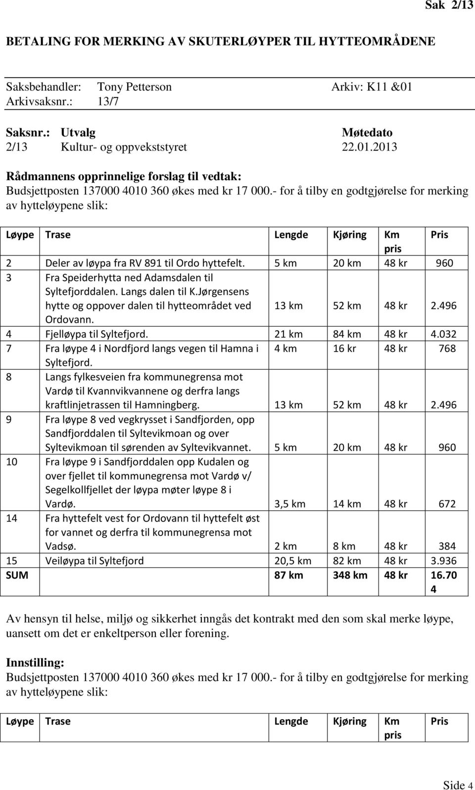 - for å tilby en godtgjørelse for merking av hytteløypene slik: Løype Trase Lengde Kjøring Km Pris pris 2 Deler av løypa fra RV 891 til Ordo hyttefelt.