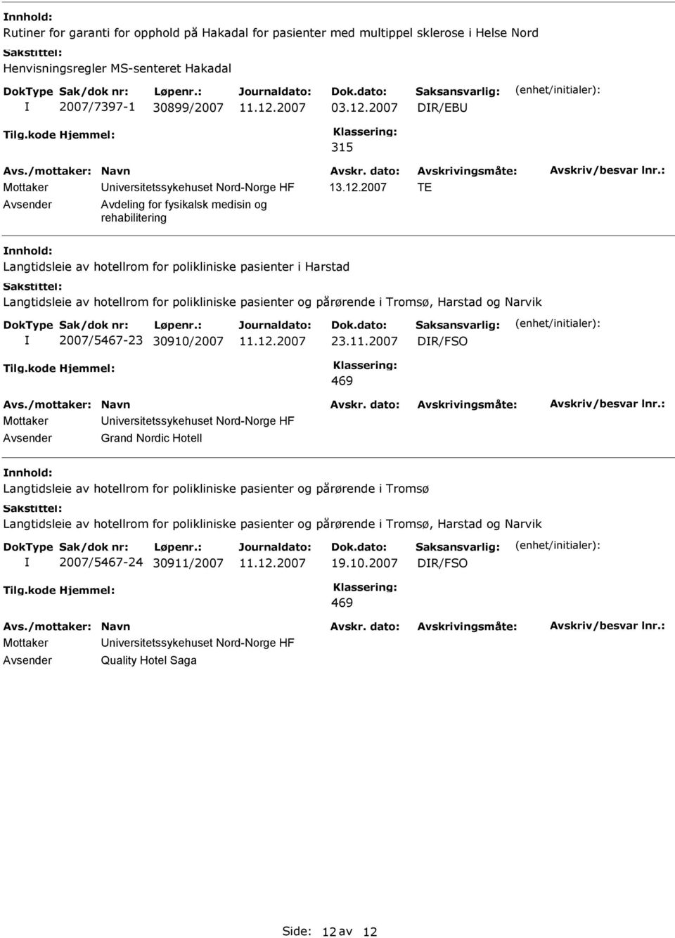 2007 TE Avdeling for fysikalsk medisin og rehabilitering Langtidsleie av hotellrom for polikliniske pasienter i Harstad Langtidsleie av hotellrom for polikliniske pasienter og pårørende i Tromsø,