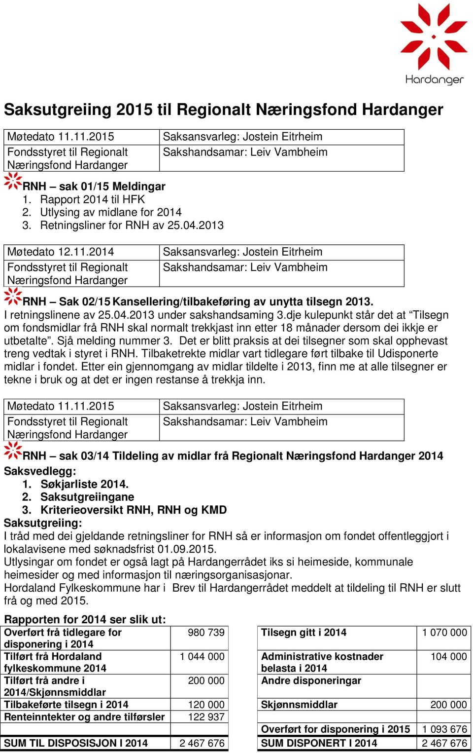 2014 Fondsstyret til Regionalt Næringsfond Hardanger Saksansvarleg: Jostein Eitrheim Sakshandsamar: Leiv Vambheim Saksansvarleg: Jostein Eitrheim Sakshandsamar: Leiv Vambheim RNH Sak 02/15