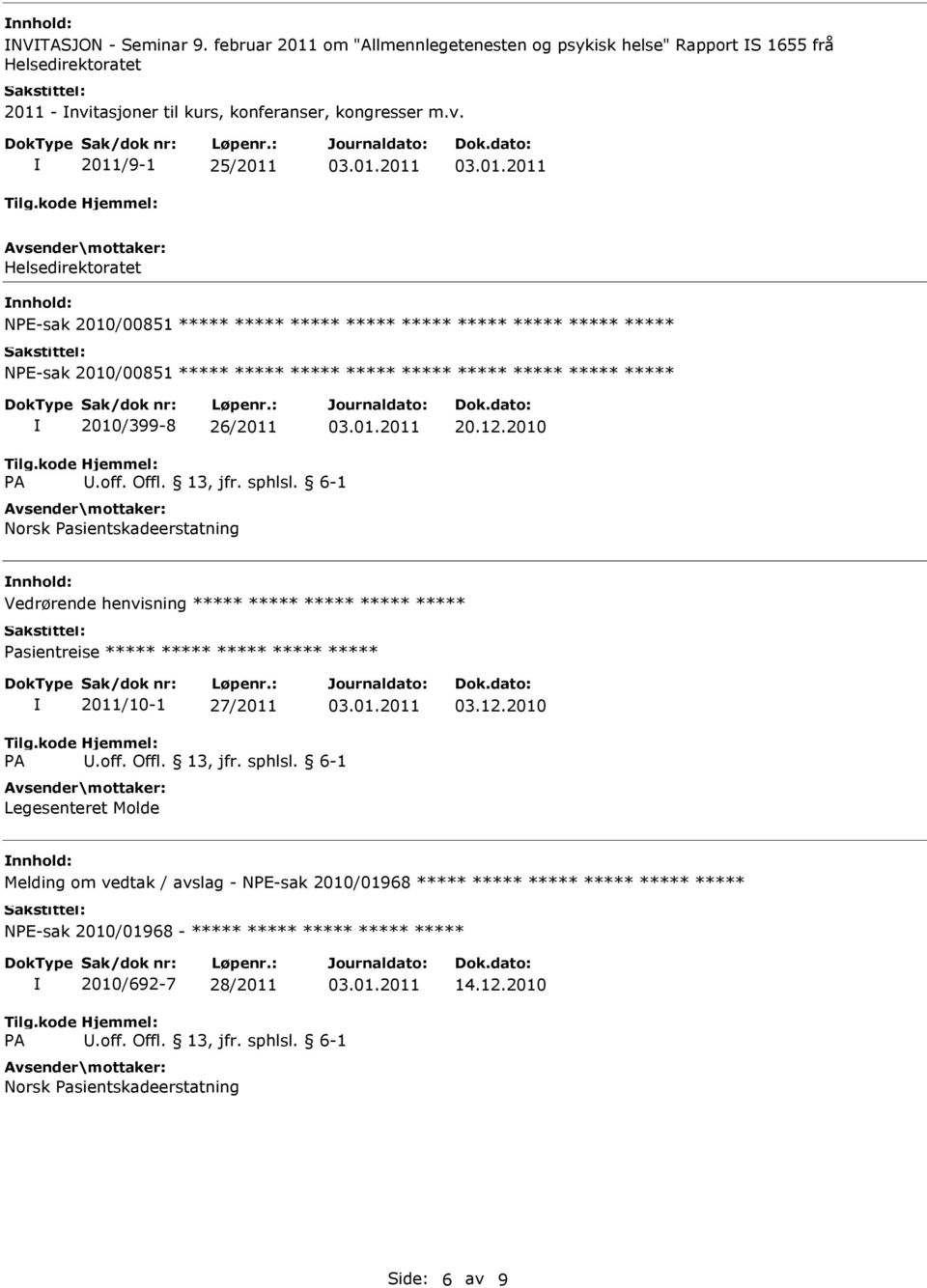 2011/9-1 25/2011 Helsedirektoratet nnhold: NPE-sak 2010/00851 ***** ***** ***** ***** ***** ***** ***** ***** ***** NPE-sak 2010/00851 ***** ***** ***** ***** ***** ***** *****