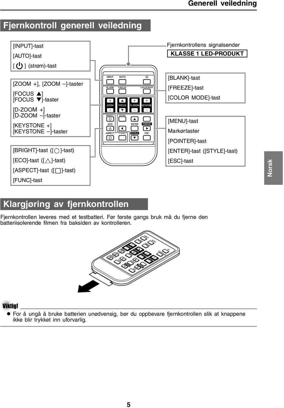 MODE]-tast [MENU]-tast Markørtaster [POINTER]-tast [ENTER]-tast ([STYLE]-tast) [ESC]-tast Klargjøring av fjernkontrollen Fjernkontrollen leveres med et testbatteri.