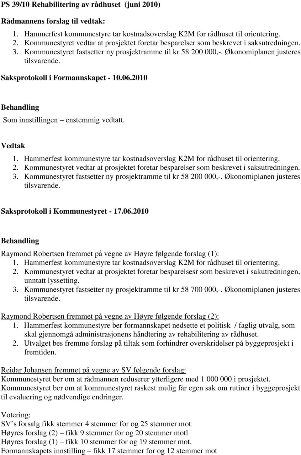 .06.2010 Som innstillingen enstemmig vedtatt. 1. Hammerfest kommunestyre tar kostnadsoverslag K2M for rådhuset til orientering. 2.