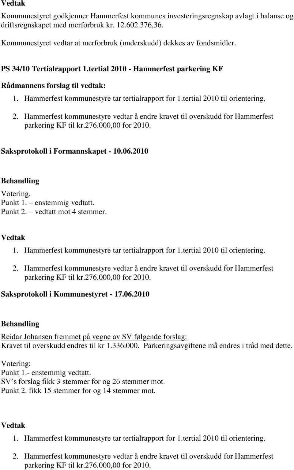 tertial 2010 til orientering. 2. Hammerfest kommunestyre vedtar å endre kravet til overskudd for Hammerfest parkering KF til kr.276.000,00 for 2010. Saksprotokoll i Formannskapet - 10.06.