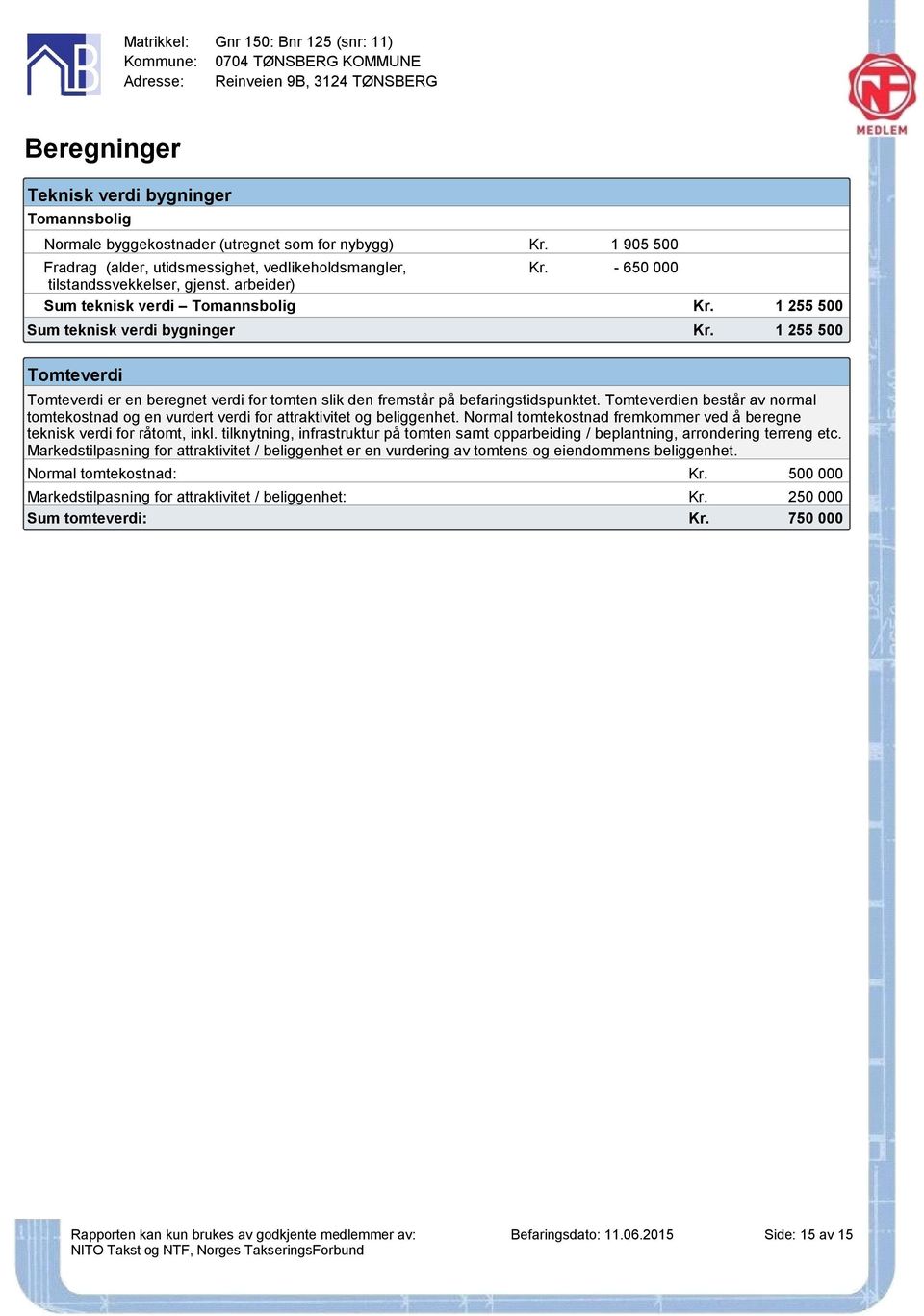 Tomteverdien består av normal tomtekostnad og en vurdert verdi for attraktivitet og beliggenhet. Normal tomtekostnad fremkommer ved å beregne teknisk verdi for råtomt, inkl.