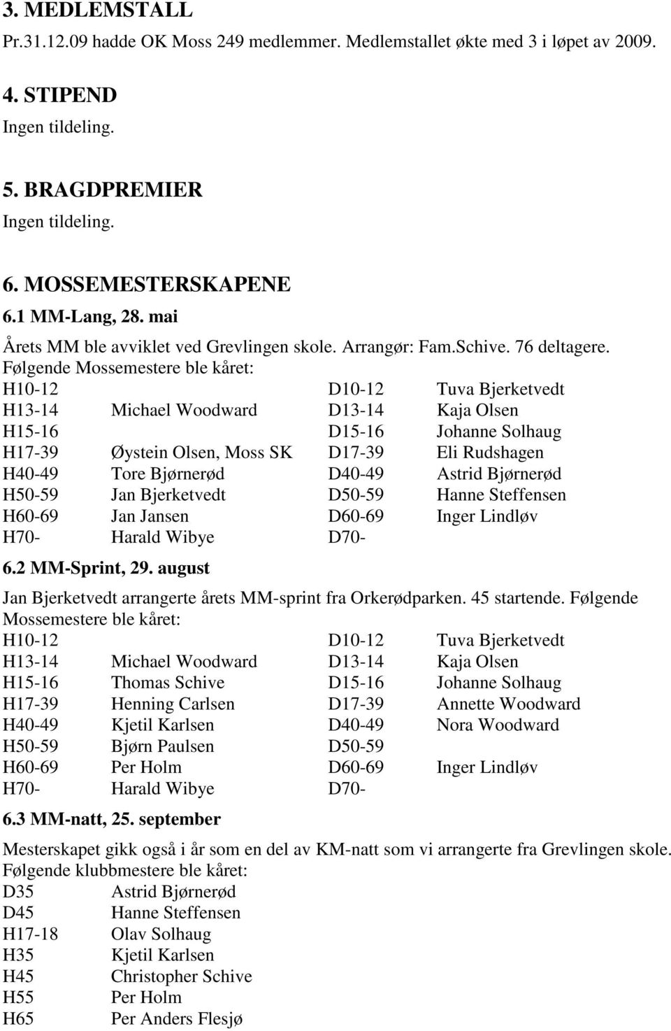 Følgende Mossemestere ble kåret: H10-12 D10-12 Tuva Bjerketvedt H13-14 Michael Woodward D13-14 Kaja Olsen H15-16 D15-16 Johanne Solhaug H17-39 Øystein Olsen, Moss SK D17-39 Eli Rudshagen H40-49 Tore