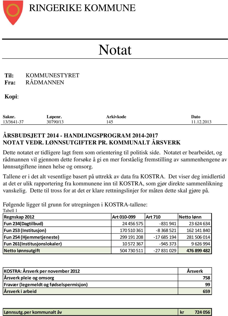 Notatet er bearbeidet, og rådmannen vil gjennom dette forsøke å gi en mer forståelig fremstilling av sammenhengene av lønnsutgiftene innen helse og omsorg.