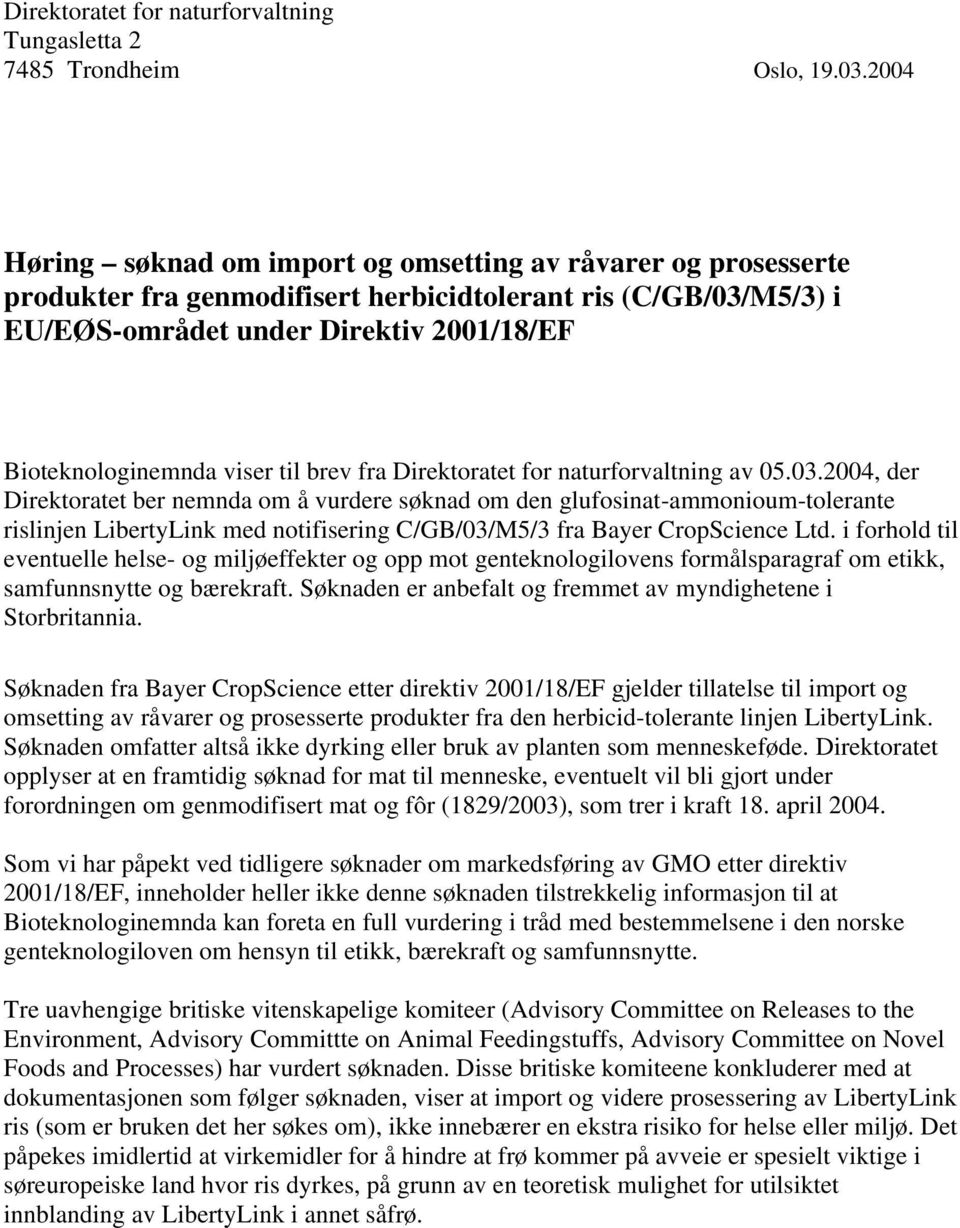 til brev fra Direktoratet for naturforvaltning av 05.03.