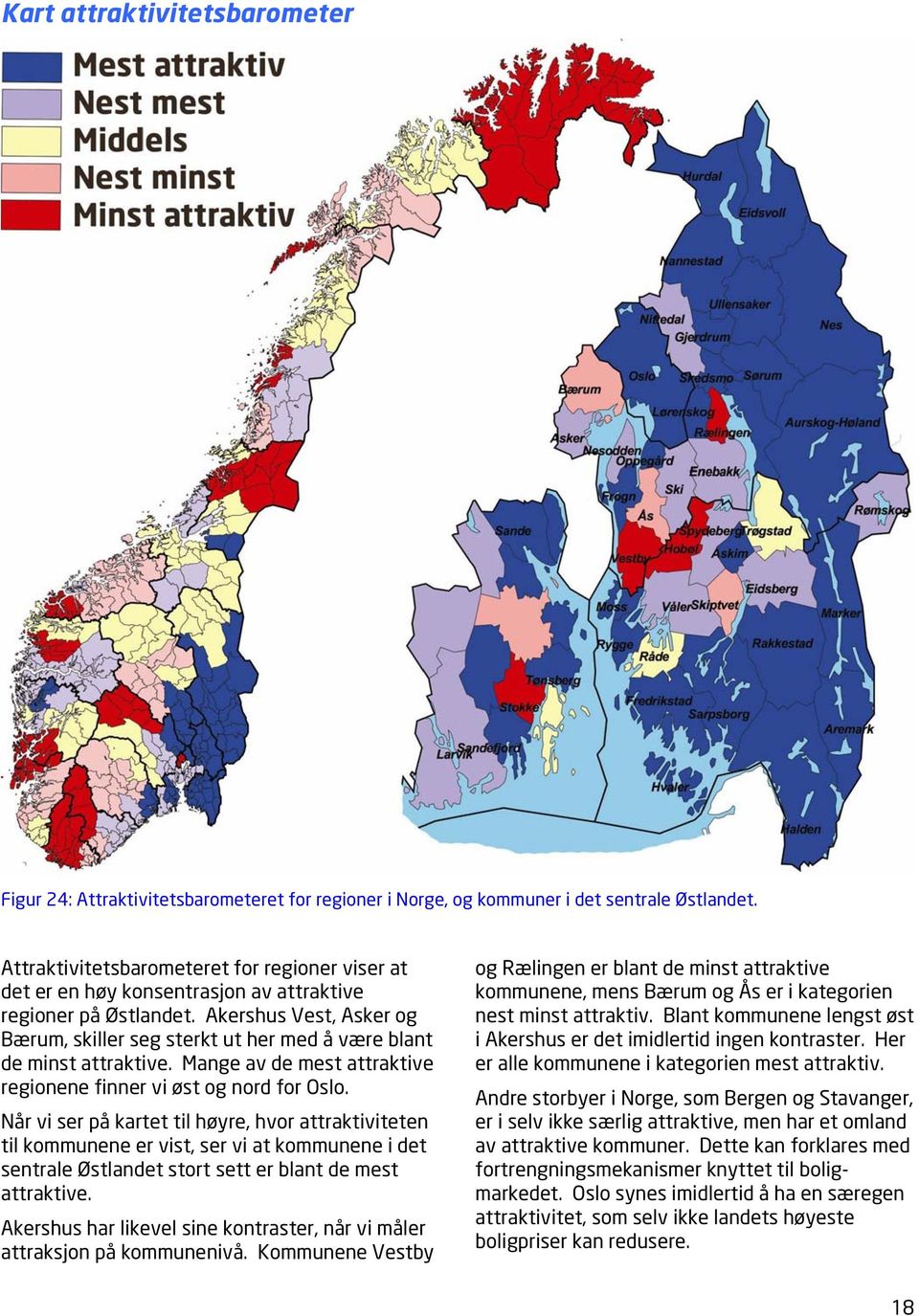 Akershus Vest, Asker og Bærum, skiller seg sterkt ut her med å være blant de minst attraktive. Mange av de mest attraktive regionene finner vi øst og nord for Oslo.