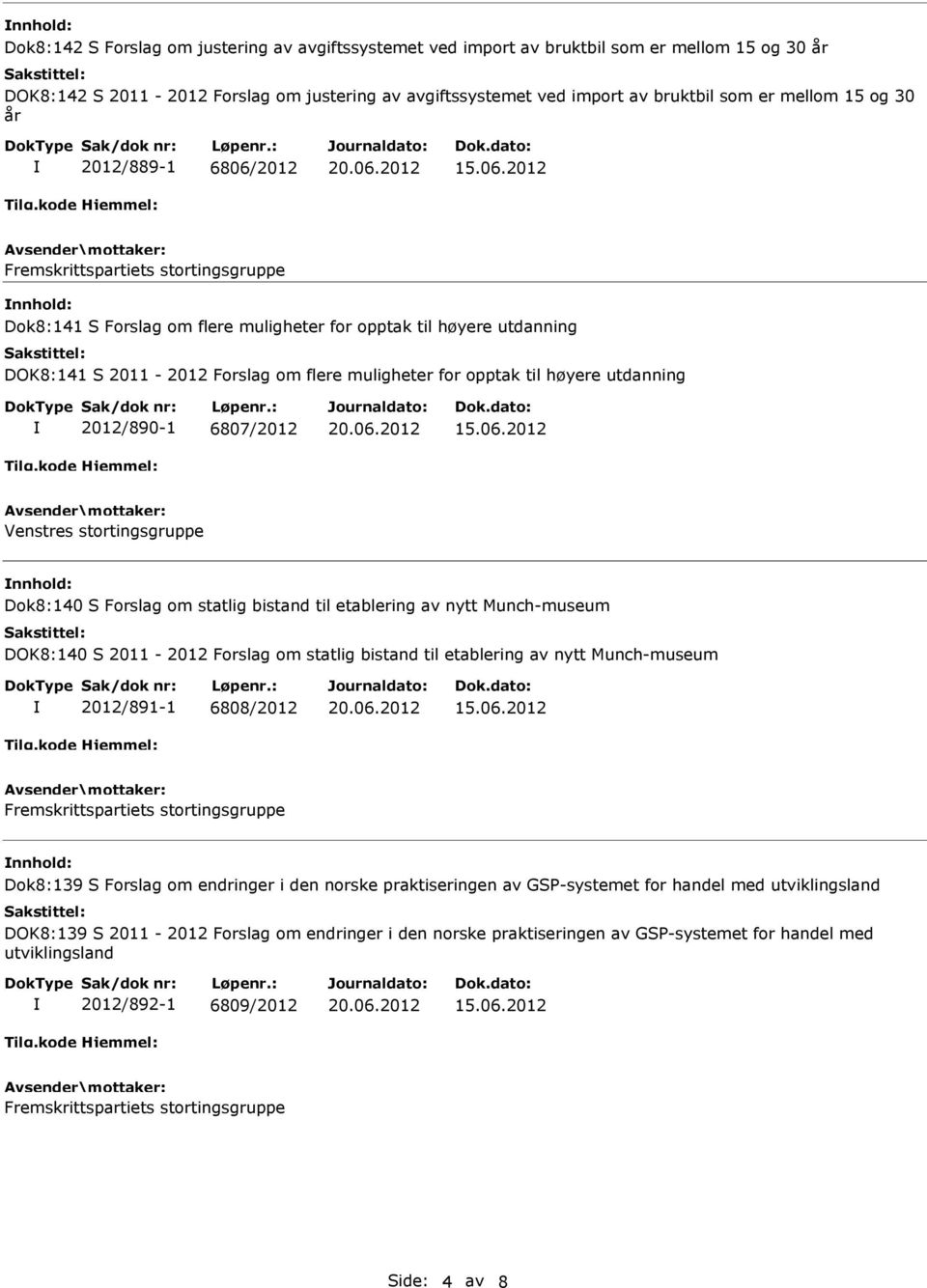 til høyere utdanning 2012/890-1 6807/2012 Venstres stortingsgruppe Dok8:140 S Forslag om statlig bistand til etablering av nytt Munch-museum DOK8:140 S 2011-2012 Forslag om statlig bistand til