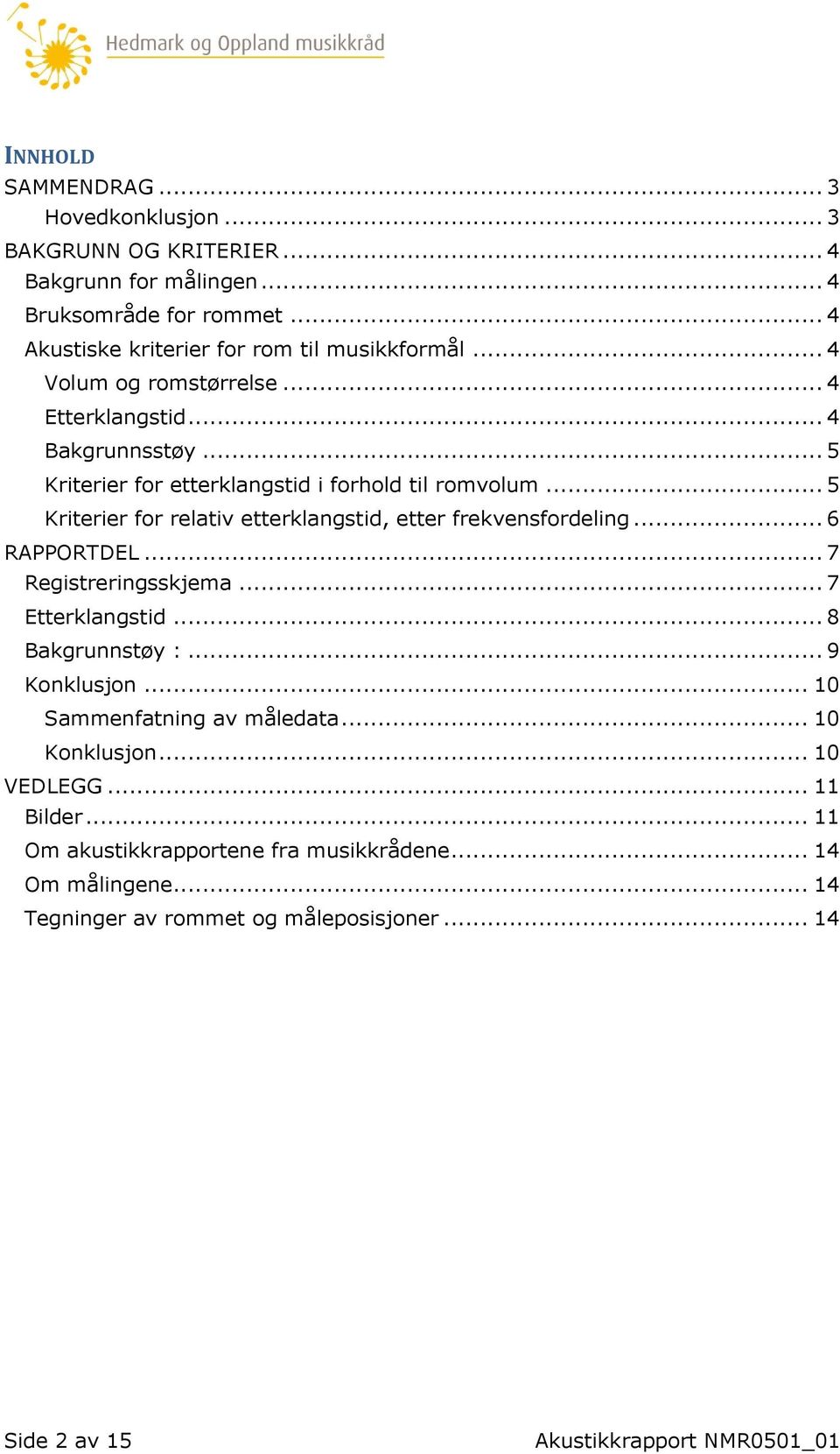 .. 5 Kriterier for relativ etterklangstid, etter frekvensfordeling... 6 RAPPORTDEL... 7 Registreringsskjema... 7 Etterklangstid... 8 Bakgrunnstøy :... 9 Konklusjon.