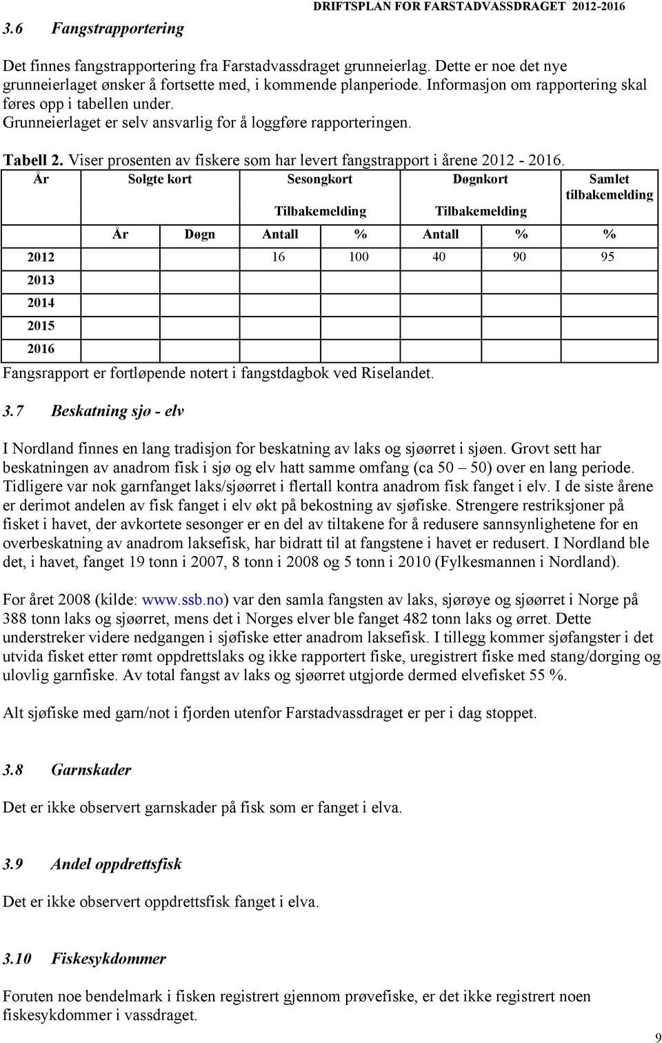 Grunneierlaget er selv ansvarlig for å loggføre rapporteringen. Tabell 2. Viser prosenten av fiskere som har levert fangstrapport i årene 2012-2016.