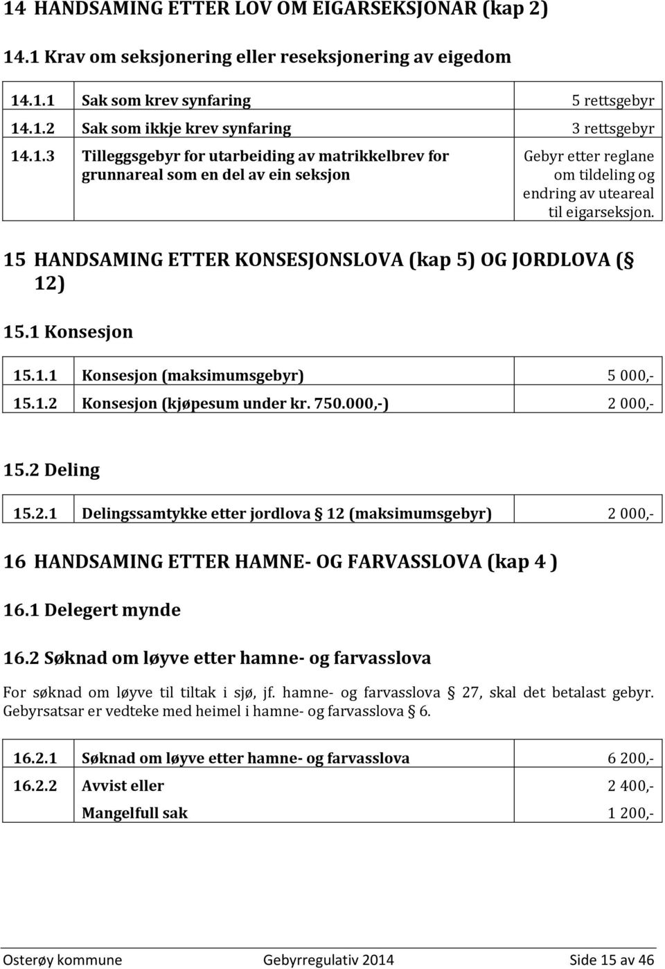 15 HANDSAMING ETTER KONSESJONSLOVA (kap 5) OG JORDLOVA ( 12) 15.1 Konsesjon 15.1.1 Konsesjon (maksimumsgebyr) 5 000,- 15.1.2 Konsesjon (kjøpesum under kr. 750.000,-) 2 000,- 15.2 Deling 15.2.1 15.2.2 Delingssamtykke etter jordlova 12 (maksimumsgebyr) 2 000,- 16 HANDSAMING ETTER HAMNE- OG FARVASSLOVA (kap 4 ) 16.