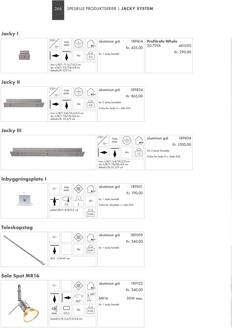 :-l/b/t: 7,8/34/4,8 cm deksel-l/b: 35,5/9 cm Jacky III aluminium grå 189834 Kr. 1300,00 1,3 Für 3 Jacky Kontakte s für Jacky III s. Seite 524. innv.:-l/b/t: 6,8/59,5/9 cm utv.