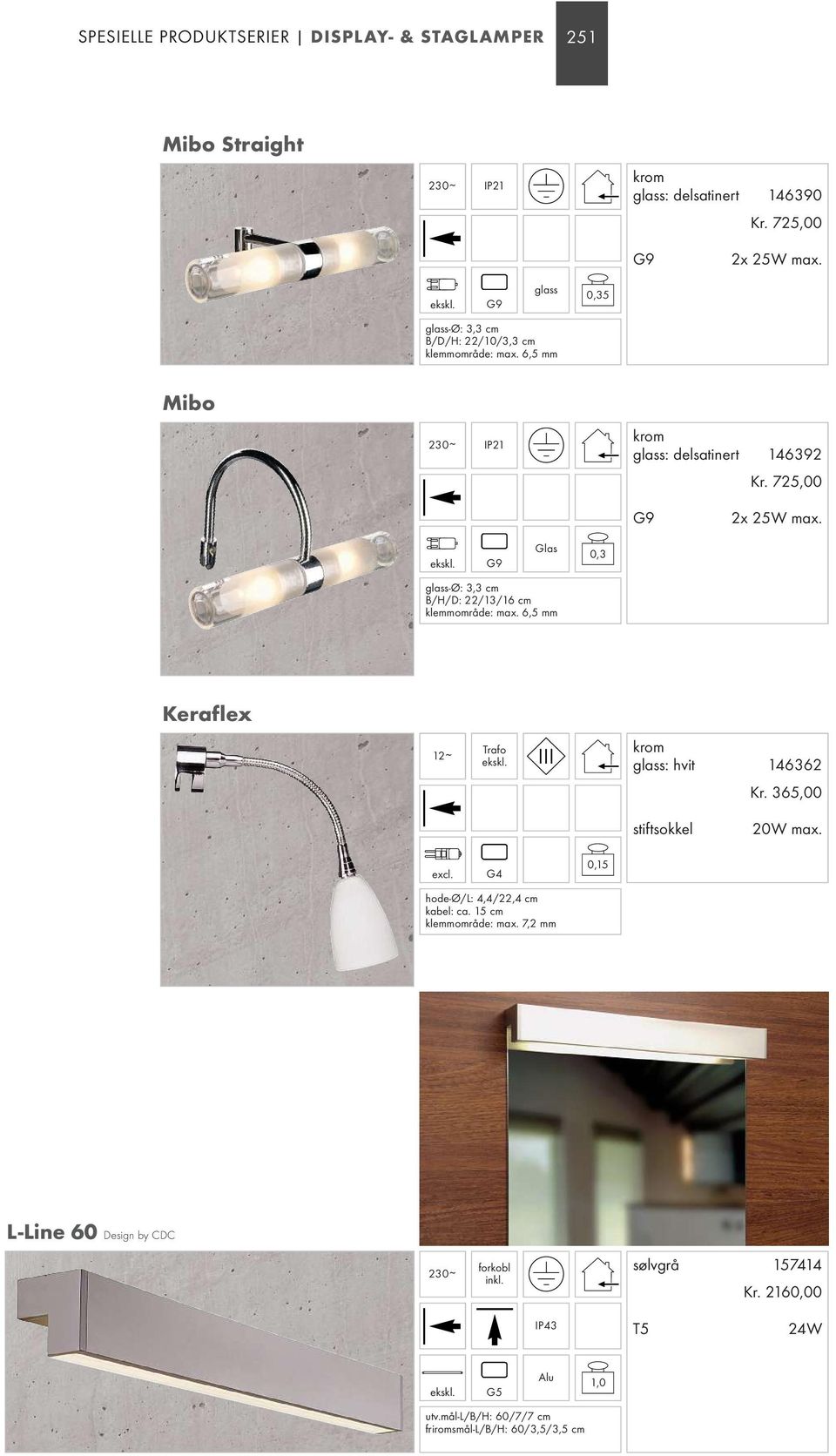 G9 Glas glass-ø: 3,3 cm B/H/D: 22/13/16 cm klemmområde: max. 6,5 mm 0,3 Keraflex krom glass: hvit 146362 Kr. 365,00 stiftsokkel 20W max. excl.