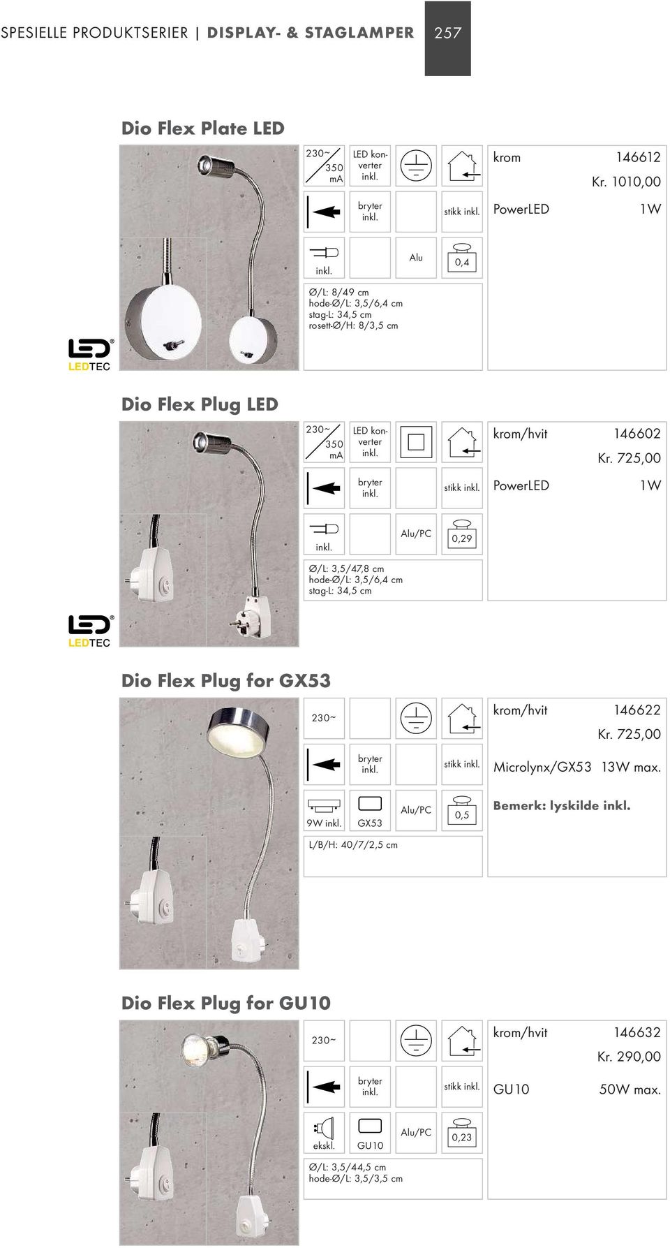 146602 Kr. 725,00 stikk PowerLED 1W /PC 0,29 Ø/L: 3,5/47,8 cm hode-ø/l: 3,5/6,4 cm stag-l: 34,5 cm Dio Flex Plug for GX53 krom/hvit 146622 Kr.