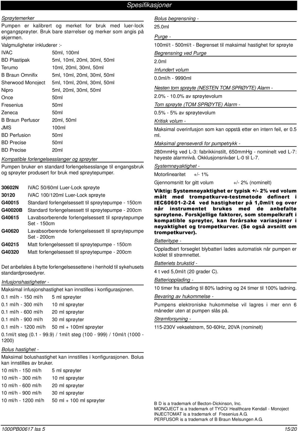 30ml, 50ml Nipro 5ml, 20ml, 30ml, 50ml Once 50ml Fresenius 50ml Zeneca 50ml B Braun Perfusor 20ml, 50ml JMS 100ml BD Perfusion 50ml BD Precise 50ml BD Precise 20ml Kompatible forlengelsesslanger og