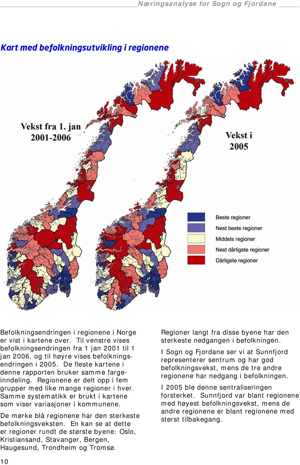 Regionene er delt opp i fem grupper med like mange regioner i hver. Samme systematikk er brukt i kartene som viser variasjoner i kommunene. De mørke blå regionene har den sterkeste befolkningsveksten.