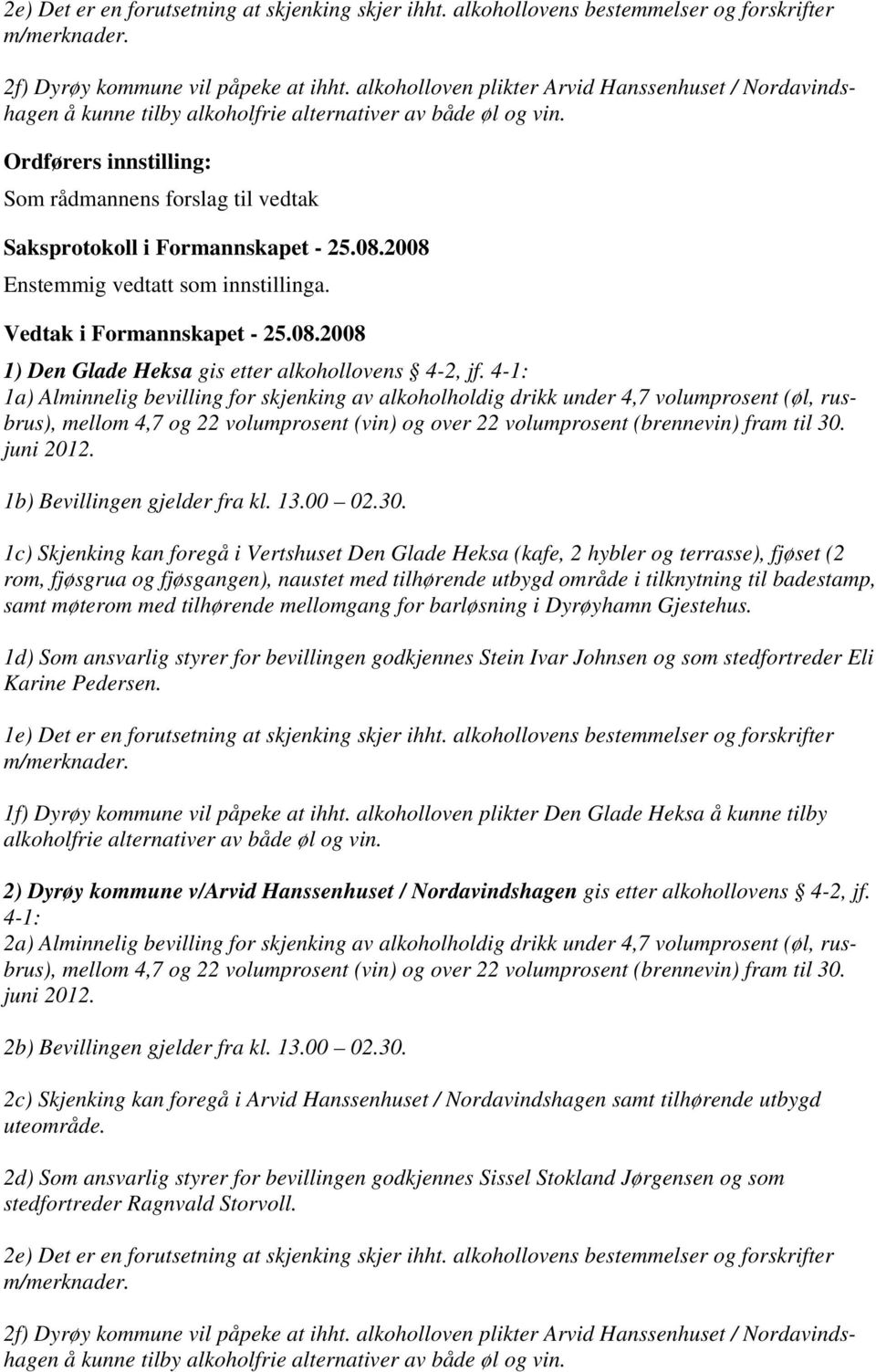 2008 Vedtak i Formannskapet - 25.08.2008 1) Den Glade Heksa gis etter alkohollovens 4-2, jf.