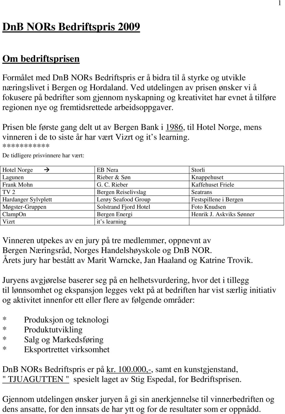 Prisen ble første gang delt ut av Bergen Bank i 1986, til Hotel Norge, mens vinneren i de to siste år har vært Vizrt og it s learning.