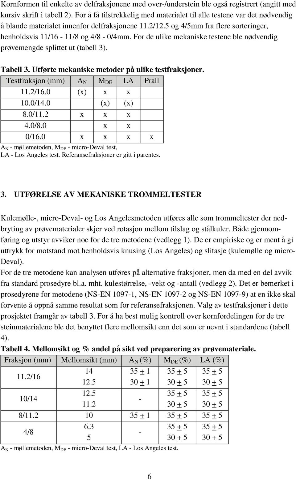 For de ulike mekaniske testene ble nødvendig prøvemengde splittet ut (tabell 3). Tabell 3. Utførte mekaniske metoder på ulike testfraksjoner. Testfraksjon (mm) A N M DE LA Prall 11.2/16.0 (x) x x 10.