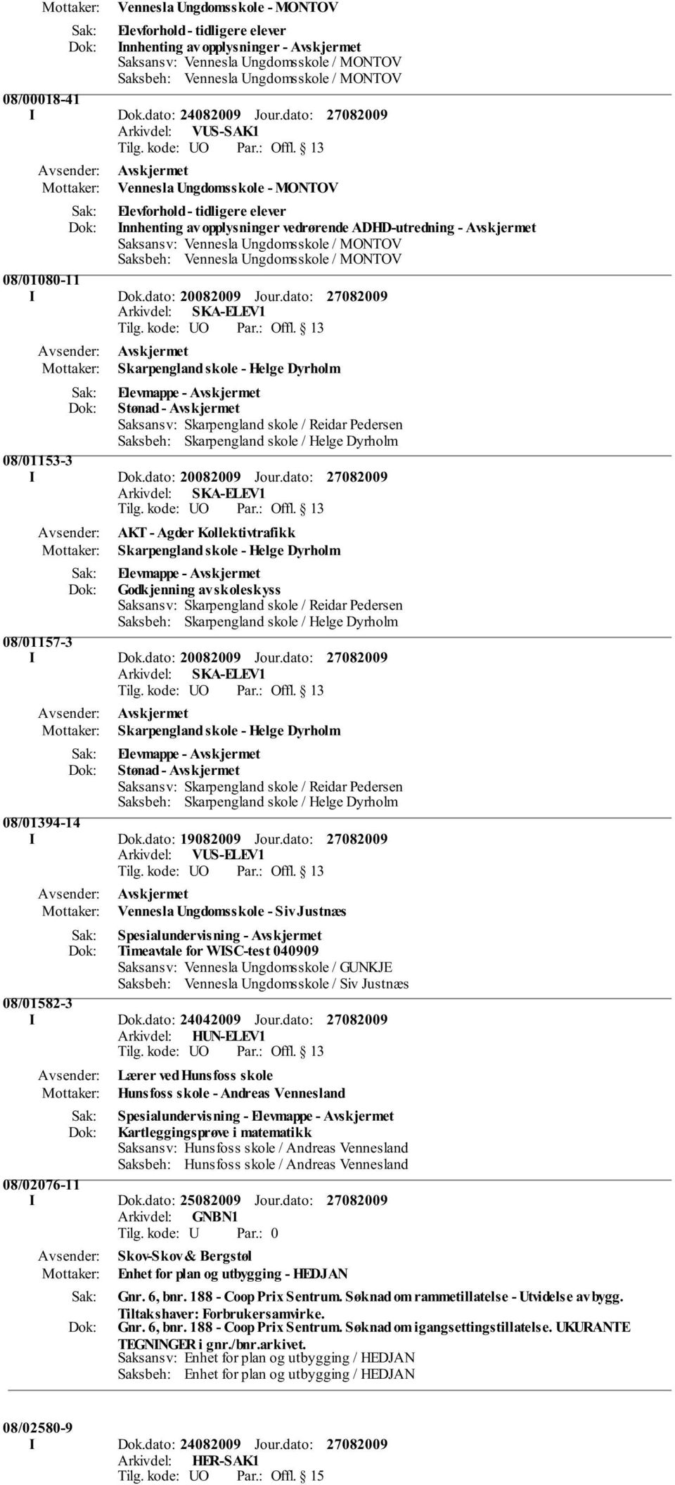 dato: Avskjermet Vennesla Ungdomsskole - MONTOV Elevforhold - tidligere elever Innhenting av opplysninger vedrørende ADHD-utredning - Avskjermet Saksansv: Vennesla Ungdomsskole / MONTOV Saksbeh: