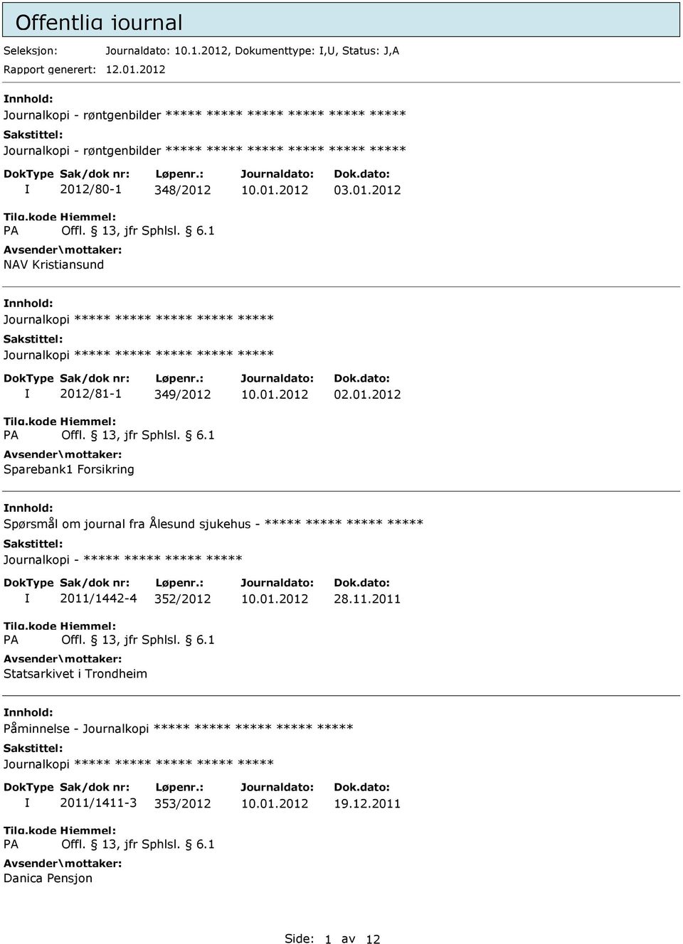 2012 nnhold: Journalkopi - røntgenbilder Journalkopi - røntgenbilder 2012/80-1 348/2012 NAV Kristiansund 03.01.2012 nnhold: 2012/81-1 349/2012 Sparebank1 Forsikring 02.