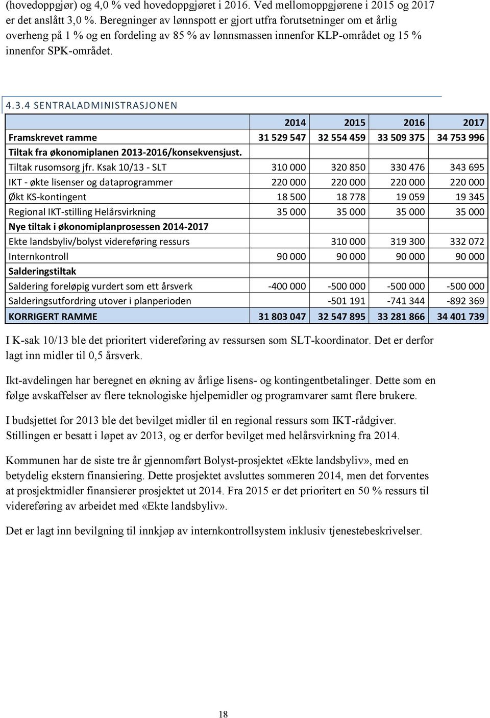 4 SENTRALADMINISTRASJONEN Framskrevet ramme 31 529 547 32 554 459 33 509 375 34 753 996 Tiltak fra økonomiplanen 2013-2016/konsekvensjust. Tiltak rusomsorg jfr.